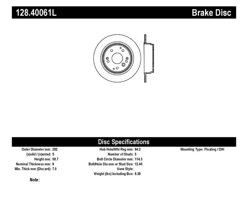 Disque de frein arrière gauche percé StopTech 04-08 Acura TL/TL-S Standard/Brembo