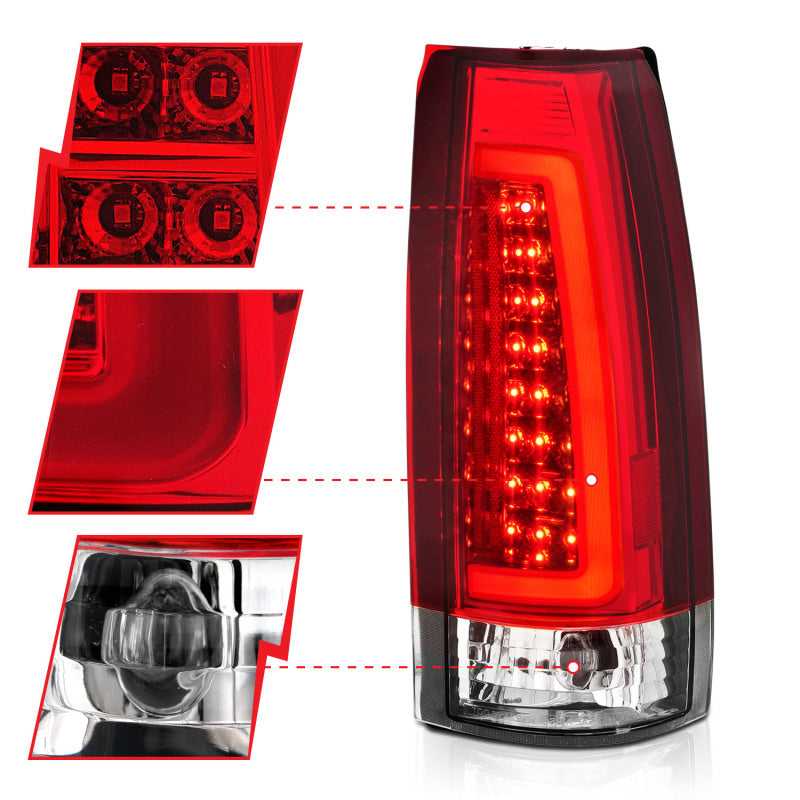 Feux arrière à LED ANZO 1999-2000 Cadillac Escalade, boîtier chromé, paire de lentilles rouges/transparentes