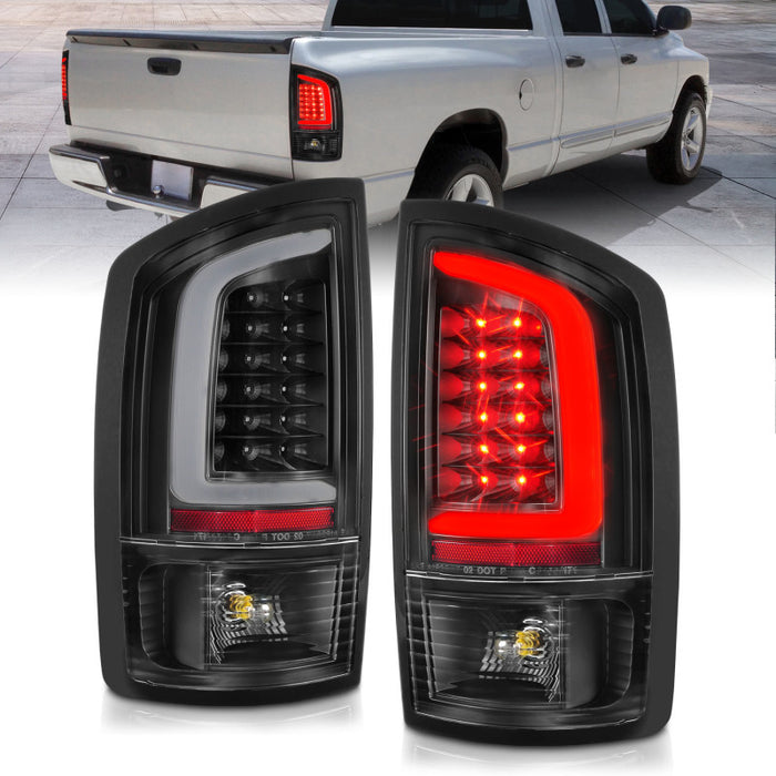 Feux arrière à LED ANZO 2002-2006 Dodge Ram 1500 avec barre lumineuse, boîtier noir, lentille transparente