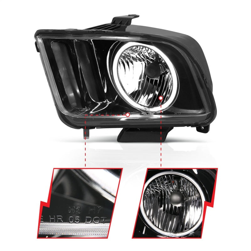 Phares en cristal ANZO 2005-2009 Ford Mustang avec halo noir (CCFL)