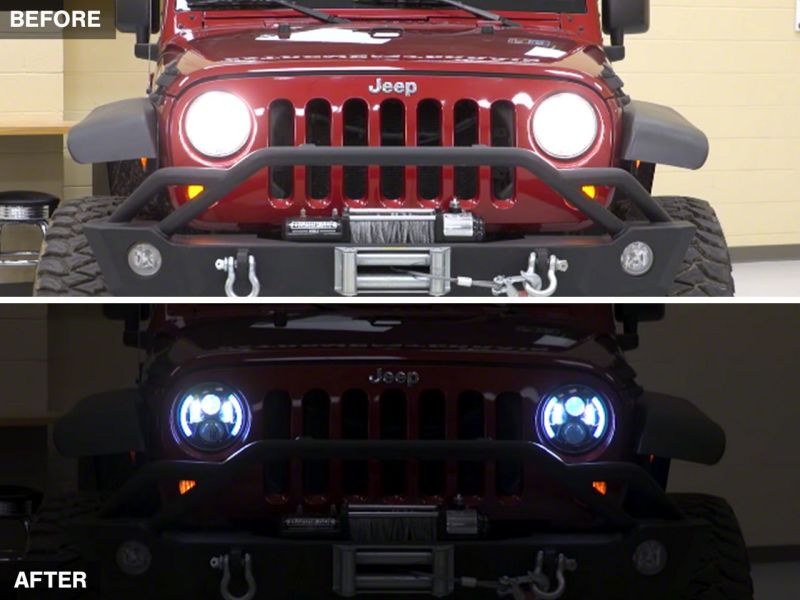 Phares à 6 LED Raxiom 97-18 Jeep Wrangler TJ &amp; JK avec halo partiel - Boîtier noir (lentille transparente)