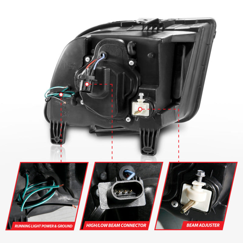 Phares de projecteur ANZO 05-09 Ford Mustang (avec halogène d'usine HL uniquement) avec boîtier chromé pour barre lumineuse