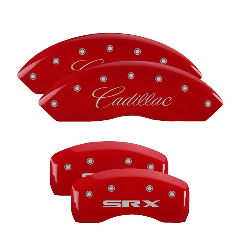 MGP 4 Caliper Covers Engraved Front Cursive/Cadillac Engraved Rear SRX Red finish silver ch