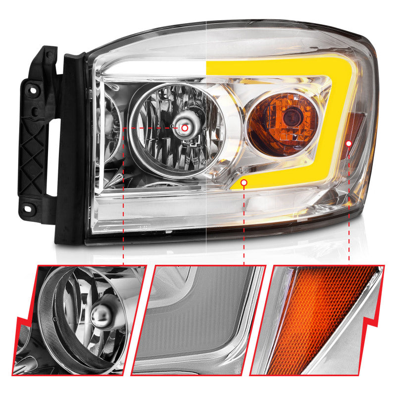 Phares Anzo 06-09 Dodge RAM 1500/2500/3500 Boîtier chromé/lentille transparente (avec barres lumineuses Switchback)