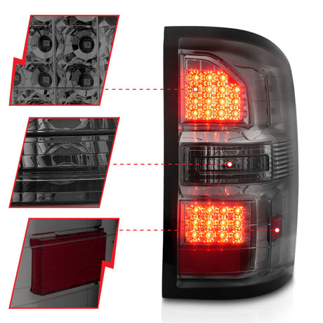 Feux arrière à LED ANZO 2014-2018 GMC Sierra Boîtier noir Lentille fumée