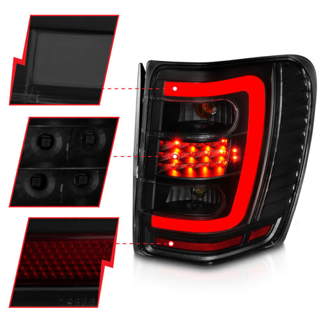Feux arrière à LED ANZO 1999-2004 Jeep Grand Cherokee avec barre lumineuse, boîtier noir, lentille fumée