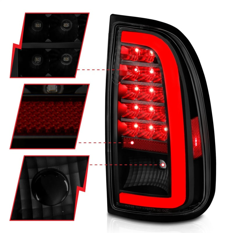 Feux arrière à LED ANZO 00-06 Toyota Tundra (lit standard/cabine standard) avec barre lumineuse, boîtier noir, lentille fumée