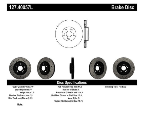 Rotor avant gauche rainuré et percé StopTech 02-06 Acura RSX Type S / 06-09 Honda Civic Si