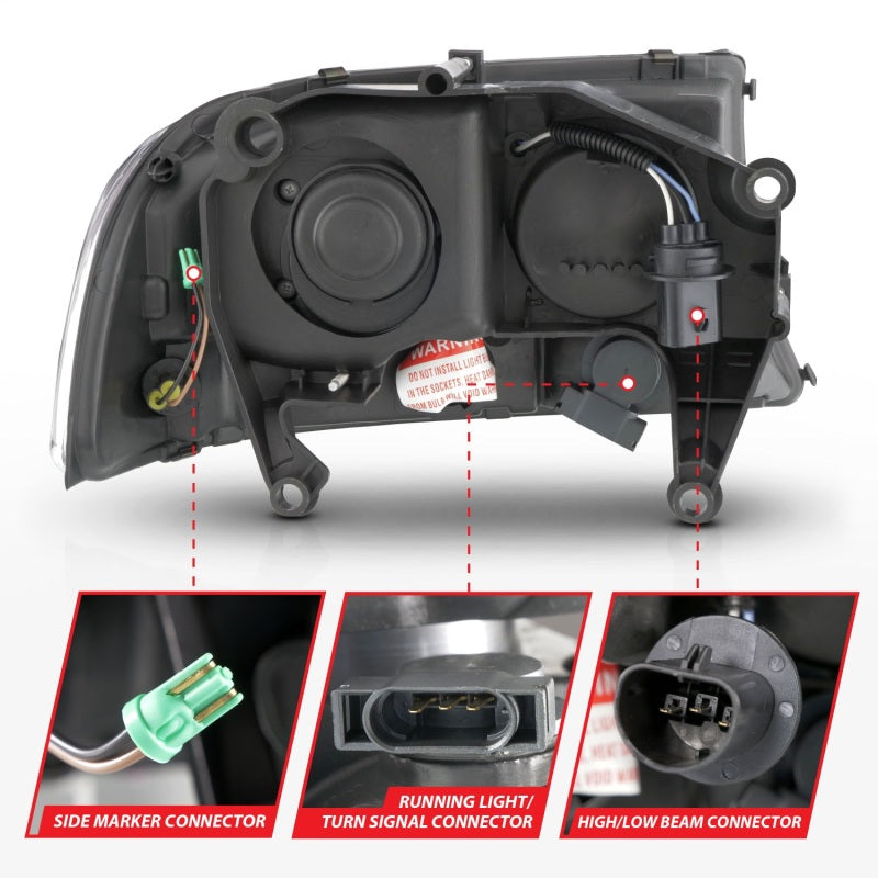 Ensemble de phares ANZO 97-04 Dodge Dakota/Durango Crystal avec barre lumineuse et boîtier noir