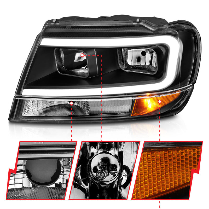 Phares en cristal ANZO 99-04 Jeep Grand Cherokee - avec boîtier noir à barre lumineuse