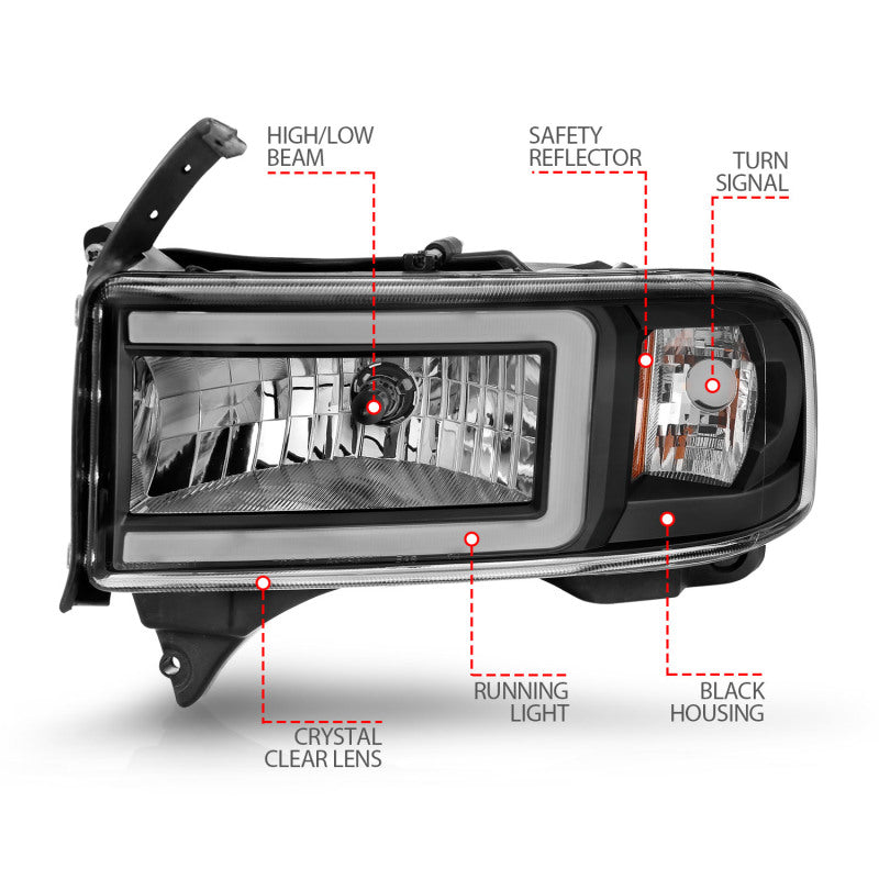 Phare ANZO 94-02 Dodge RAM Crystal - avec barre lumineuse et boîtier noir
