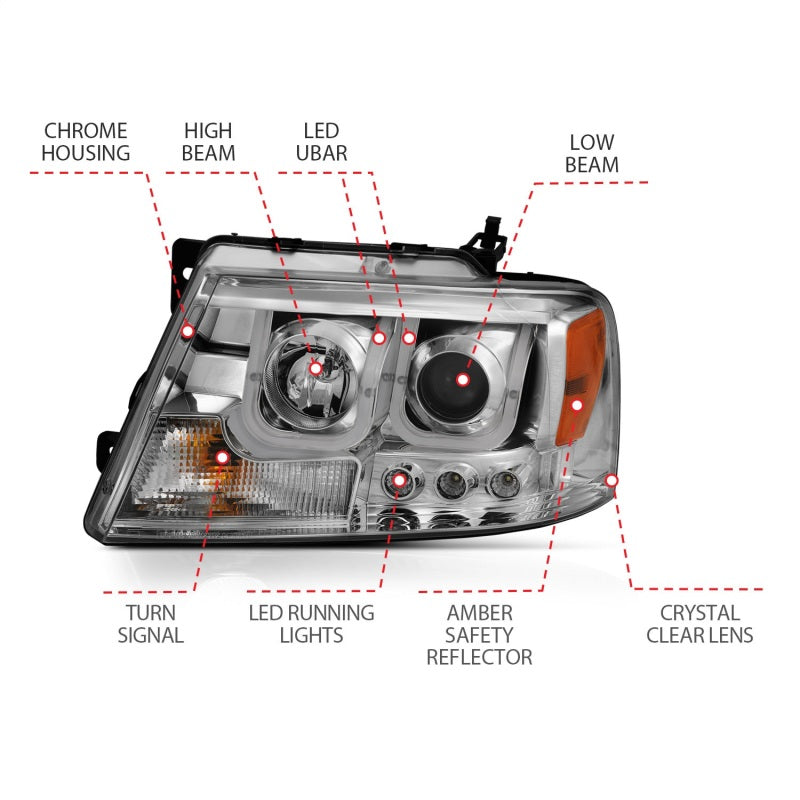 Phares de projecteur ANZO 2004-2008 Ford F-150 avec barre en U chromée