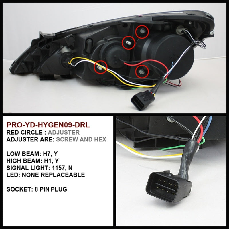 Projecteur Spyder Hyundai Genesis 10-12 Modèle Halogène - LED Halo DRL Blk PRO-YD-HYGEN09-DRL-BK