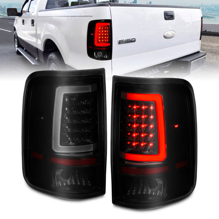 Feux arrière à LED ANZO 2004-2006 Ford F-150 avec barre lumineuse, boîtier noir, lentille fumée