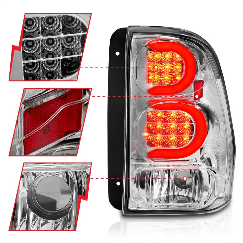 Feux arrière à LED ANZO 2002-2009 Chevrolet Trailblazer avec barre lumineuse, boîtier chromé, lentille transparente