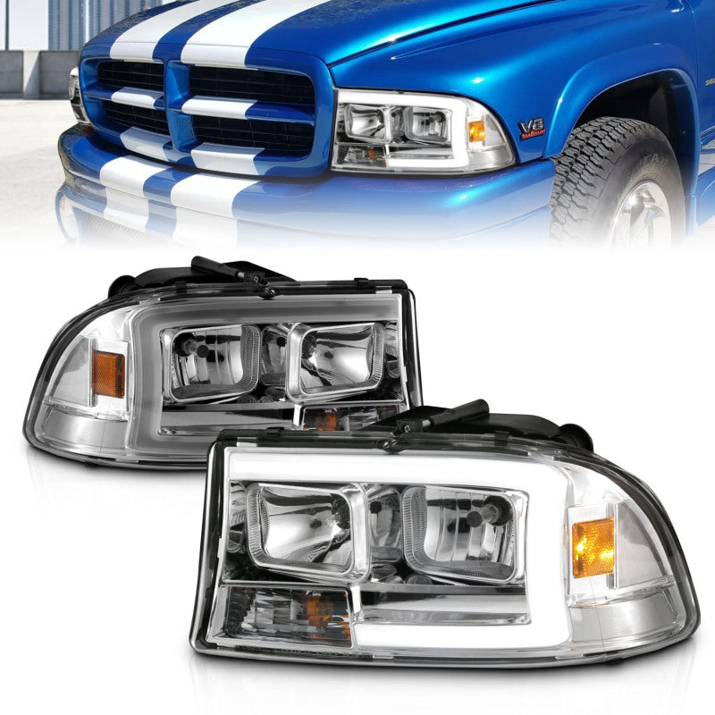 Ensemble de phares ANZO 97-04 Dodge Dakota/Durango Crystal avec barre lumineuse et boîtier chromé
