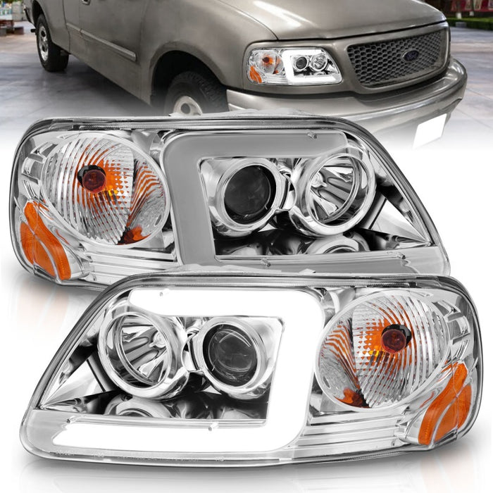 Phares de projecteur ANZO 1997-2003 Ford F-150 avec barre lumineuse et boîtier chromé