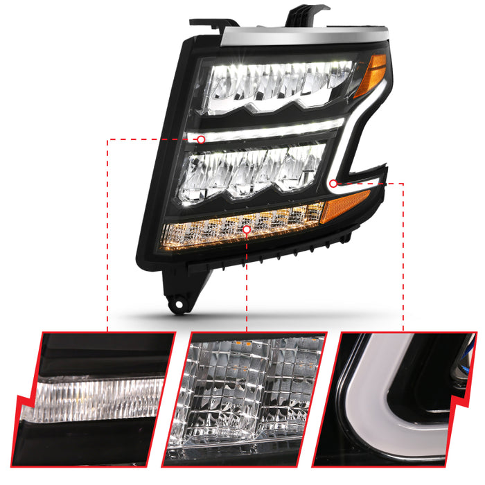 Phares à barre lumineuse LED ANZO 15-20 Chevy Tahoe/Suburban, noir avec séquentiel avec DRL avec ambre