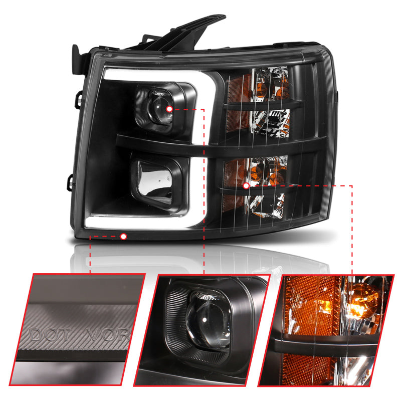 Phares de projecteur de style planche ANZO 07-13 Chevrolet Silverado 1500 noir avec ambre