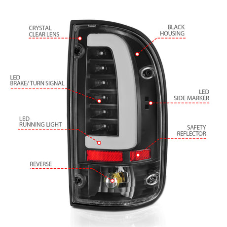Feux arrière à LED ANZO 95-00 Toyota Tacoma, boîtier noir, lentille transparente (paire)