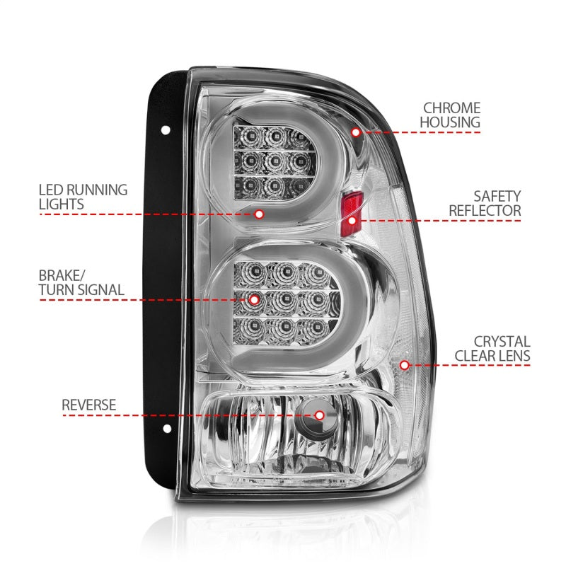 Feux arrière à LED ANZO 2002-2009 Chevrolet Trailblazer avec barre lumineuse, boîtier chromé, lentille transparente