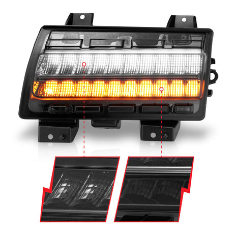 Marqueurs latéraux à LED ANZO 2018-2021 Jeep Wrangler, boîtier chromé, lentille fumée avec configuration Seq. Signal Low