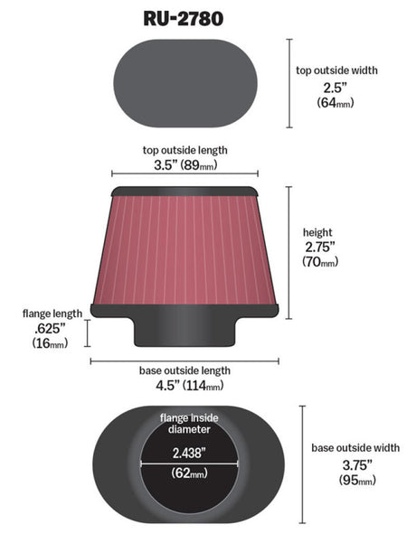 Filtre en caoutchouc universel K&amp;N Filter Bride de 2 7/16 pouces Base de 4,5 x 3,75 pouces Base de 3,5 x 2,5 pouces Supérieur de 2,75 pouces