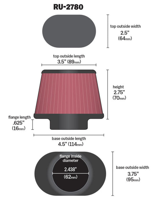 K&N Filter Universal Rubber Filter 2 7/16 inch Flange 4.5x3.75 inch Base 3.5x2.5 inch Top 2.75 inch