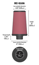 K&N Universal Chrome Round Tapered Air Filter 3in FlangeID / 6in Base OD / 4.5in Top OD / 8in Height