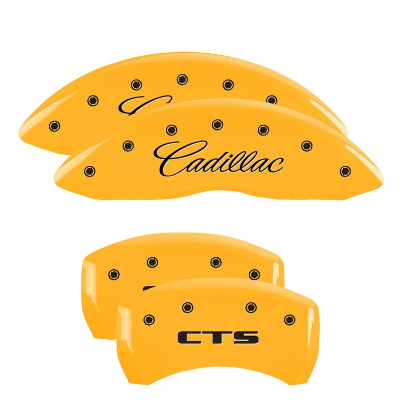 MGP 4 Caliper Covers Engraved Front Cursive/Cadillac Engraved Rear CTS Yellow finish black ch