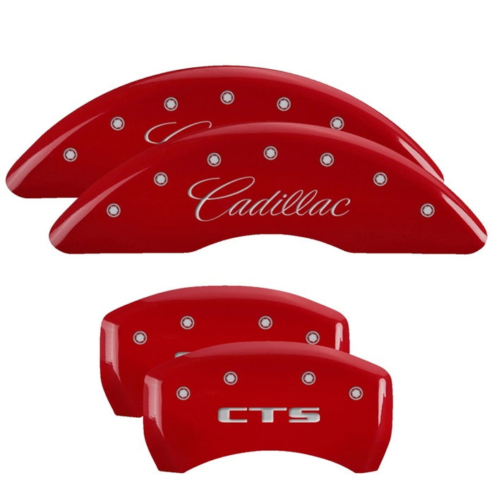 Couvre-étriers MGP 4 gravés avant et arrière cursive/finition rouge Cadillac argent ch