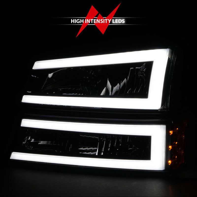 Phares en cristal ANZO 2003-2006 Chevrolet Silverado 1500 avec barre lumineuse et boîtier noir