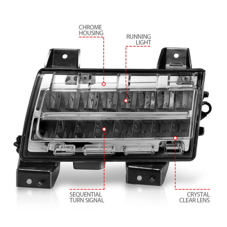 Marqueurs latéraux à LED ANZO 2018-2021 Jeep Wrangler, boîtier chromé, lentille transparente avec signal séquentiel