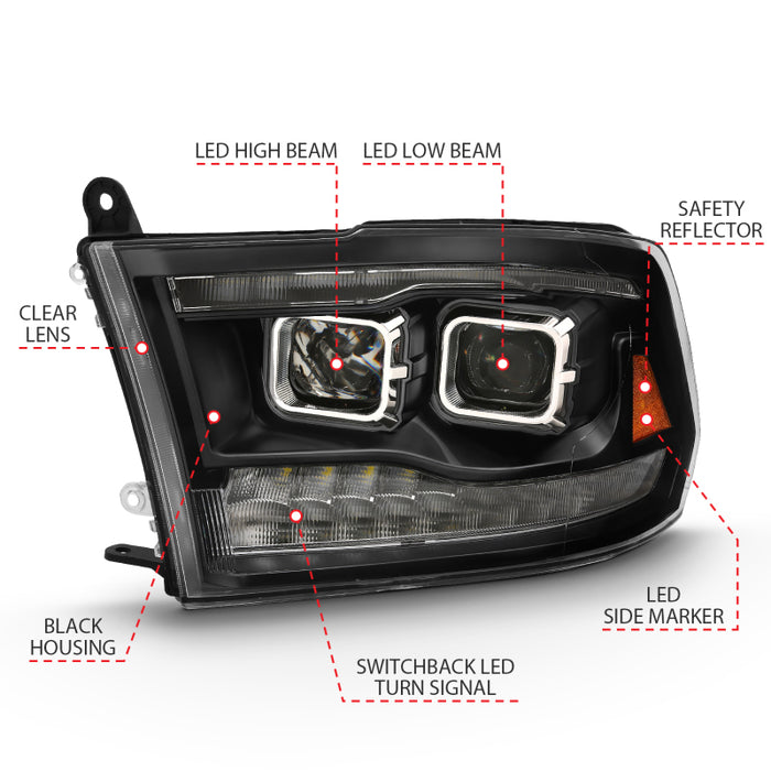 ANZO 2009-2018 Dodge Ram 1500 Projecteur LED Plank Style Switchback HL Halo Noir Ambre (Style OE)