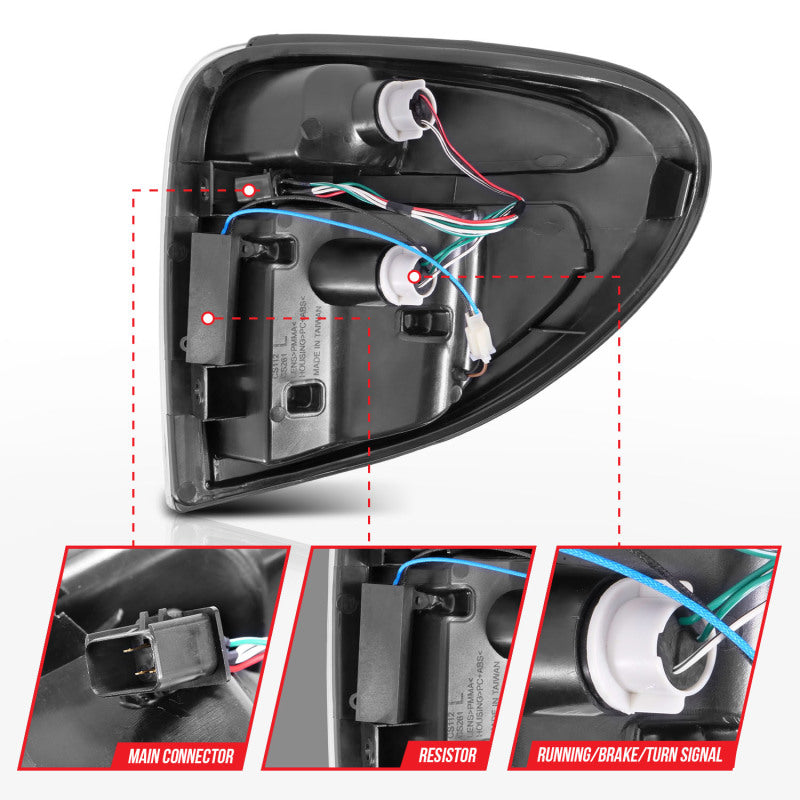 Feux arrière à LED ANZO 2004-2007 Dodge Grand Caravan avec barre lumineuse, boîtier chromé, lentille transparente