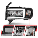 Phare ANZO 94-02 Dodge RAM Crystal - avec barre lumineuse et boîtier noir