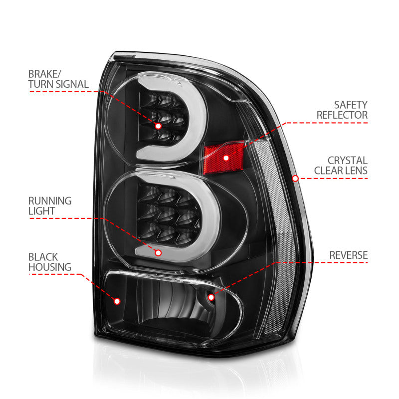 Feux arrière à LED ANZO 2002-2009 Chevrolet Trailblazer avec barre lumineuse, boîtier noir, lentille transparente