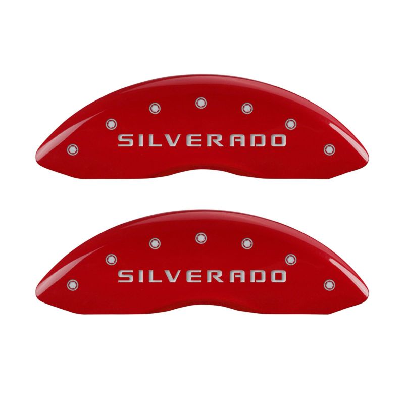 Couvre-étriers MGP 4 gravés avant et arrière finition rouge Silverado argent ch