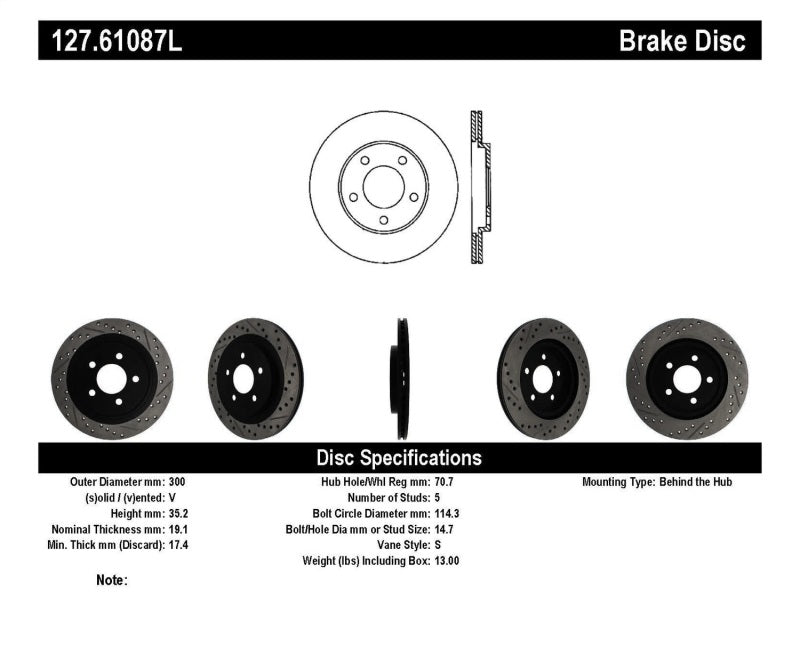 Disque de frein arrière gauche fendu et percé StopTech pour Ford Mustang 05-10