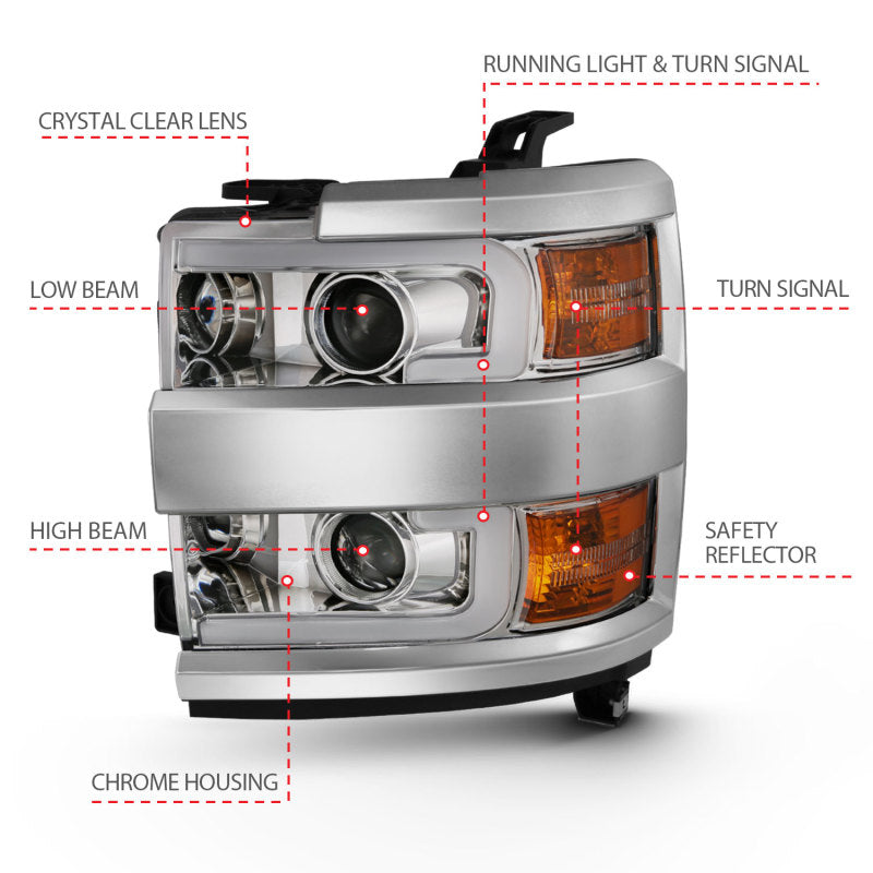 Phares de projecteur ANZO 2015-2016 Chevrolet Silverado avec design de style planche Chrome avec ambre