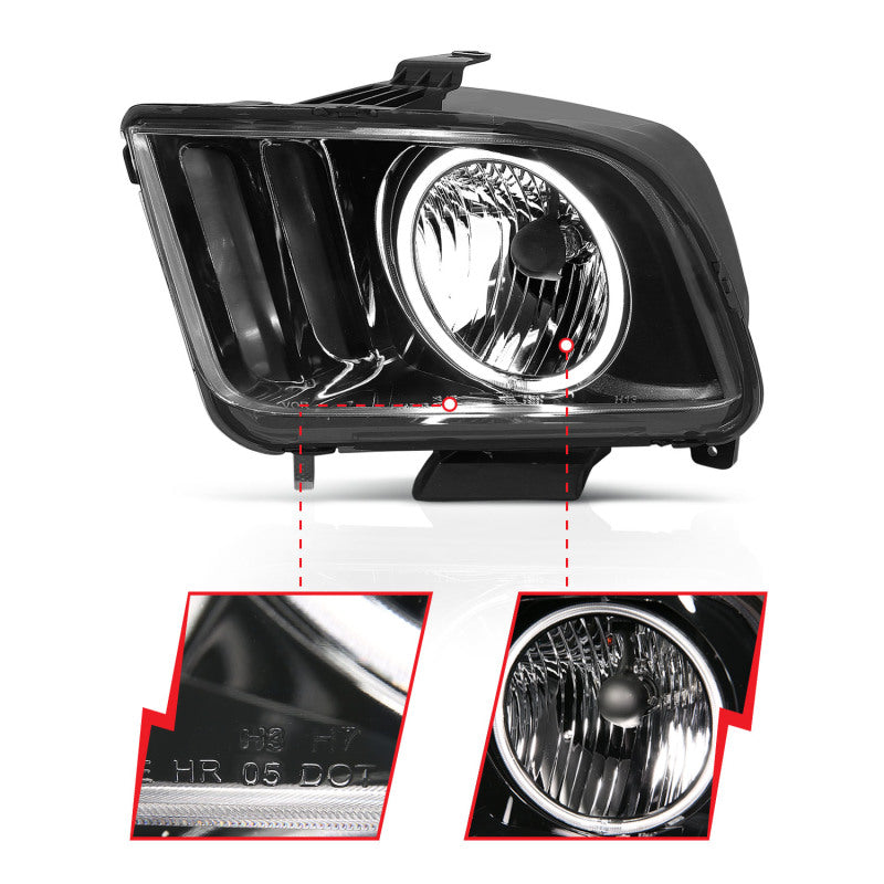 Phares en cristal ANZO 2005-2009 Ford Mustang avec halo noir (CCFL)