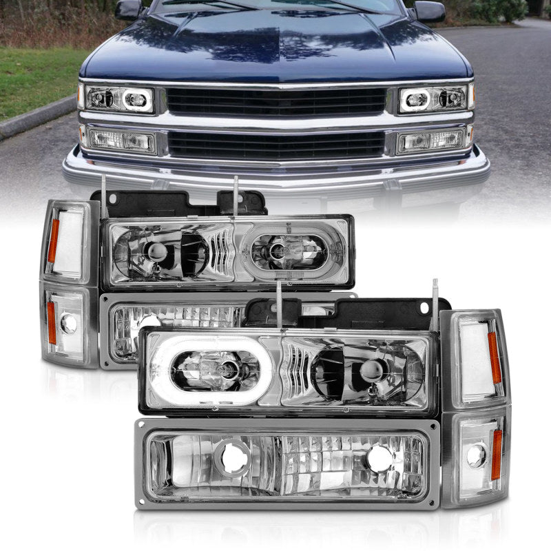 Phares en cristal ANZO 88-98 Chevrolet C1500 avec boîtier chromé et feux de position latéraux