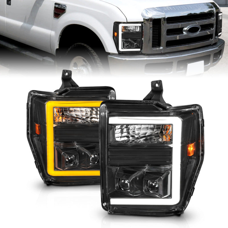 ANZO 08-10 Ford F-250 - F-550 Super Duty Phares de projecteur avec barre lumineuse Switchback Boîtier noir