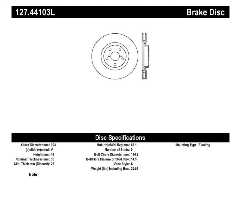 Rotor avant gauche fendu et percé StopTech 5/93-98 Toyota Supra Turbo