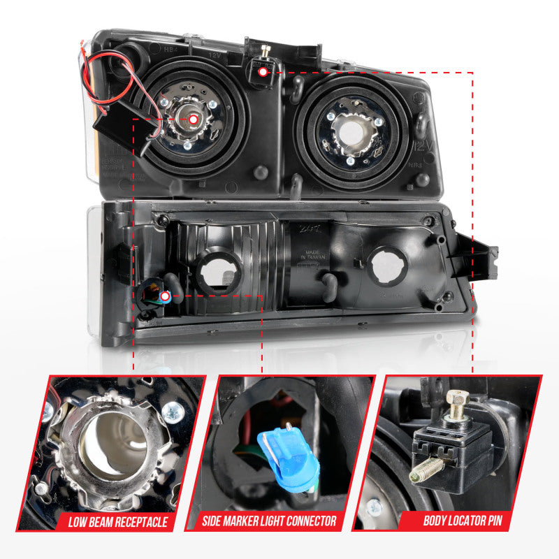Phares en cristal ANZO 2003-2006 Chevrolet Silverado 1500 avec barre lumineuse et boîtier noir