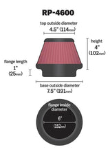 Filtre à air conique rond universel en fibre de carbone K&amp;N 6 po ID de bride centré/7,5 po B OD/4,5 po T OD/4 po H