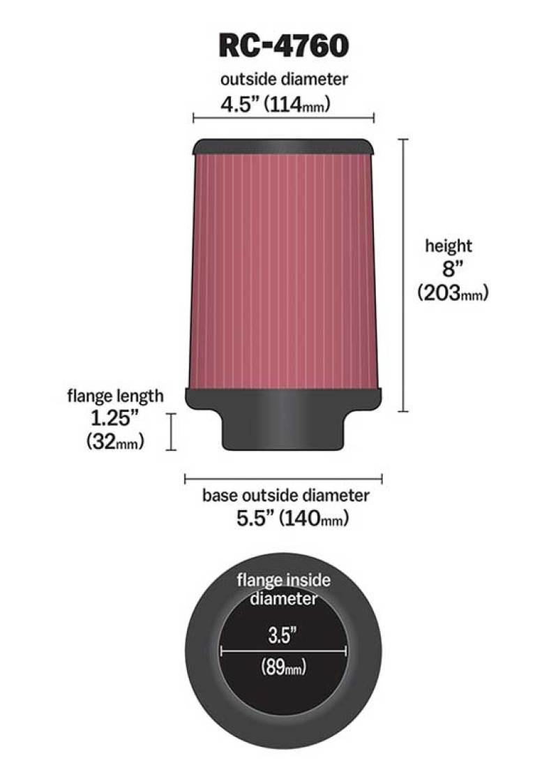 K&N Universal Chrome Filter 3 1/2 inch FLG / 5 1/2 inch Bottom / 4 1/2 inch Top / 8 inch Height