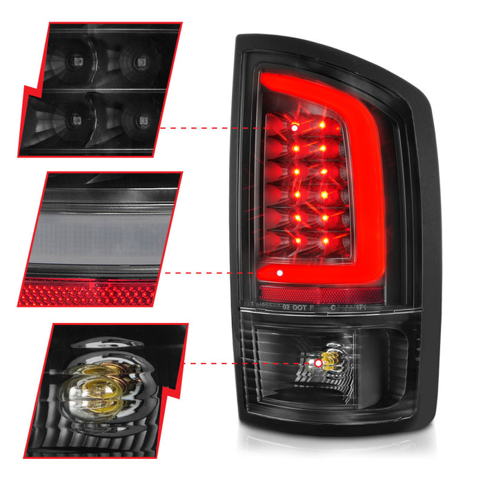 Feux arrière à LED ANZO 2002-2006 Dodge Ram 1500 avec barre lumineuse, boîtier noir, lentille transparente