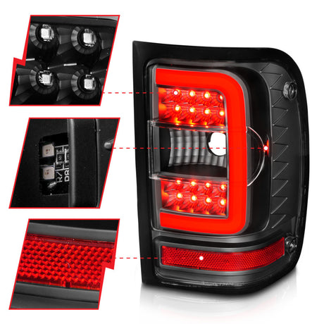 Feux arrière à LED ANZO 2001-2011 Ford Ranger avec barre lumineuse, boîtier noir, lentille transparente
