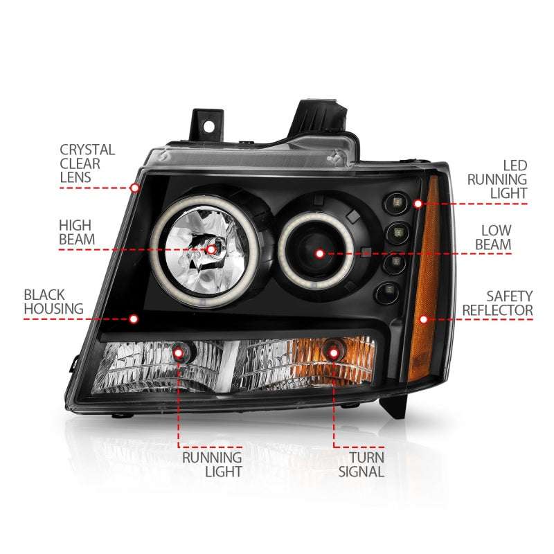 Phares de projecteur ANZO 2007-2013 Chevrolet Avalanche avec halo noir (CCFL)